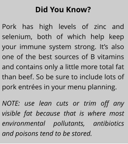 Did You Know? Pork has high levels of zinc and selenium, both of which help keep your immune system strong. It’s also one of the best sources of B vitamins and contains only a little more total fat than beef. So be sure to include lots of pork entrées in your menu planning. NOTE: use lean cuts or trim off any visible fat because that is where most environmental pollutants, antibiotics and poisons tend to be stored.